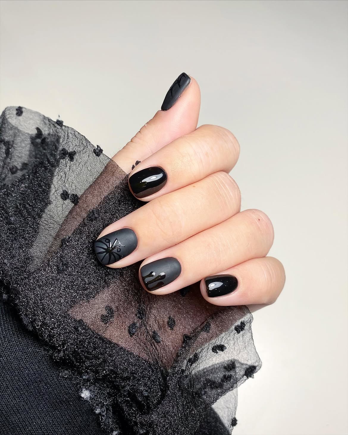 Matte Black Halloween Drip and Spider Nails