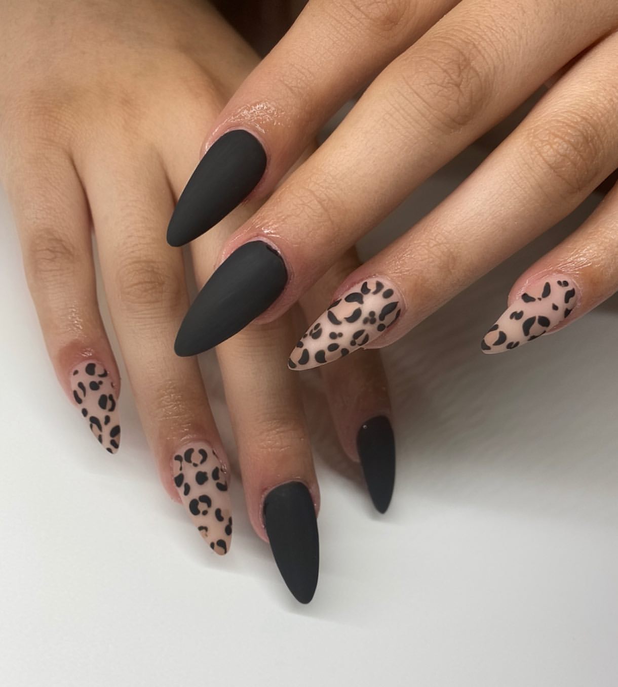 Matte Black & Nude Cheetah Stiletto Nails