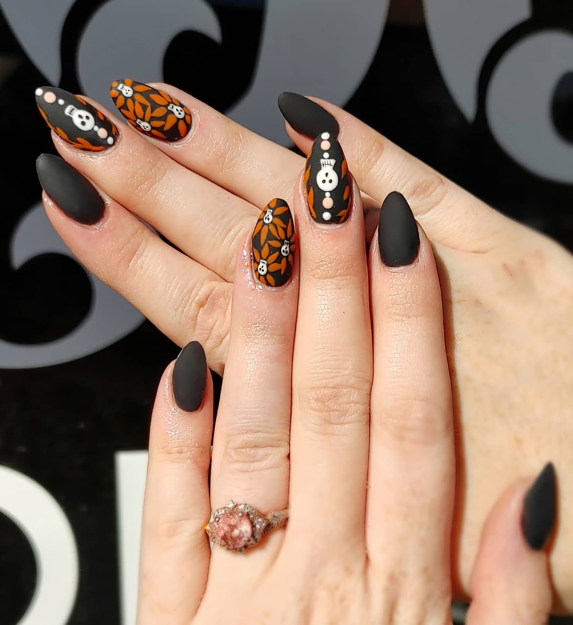 Matte Black Skulls And Leaves Halloween Almond Nails