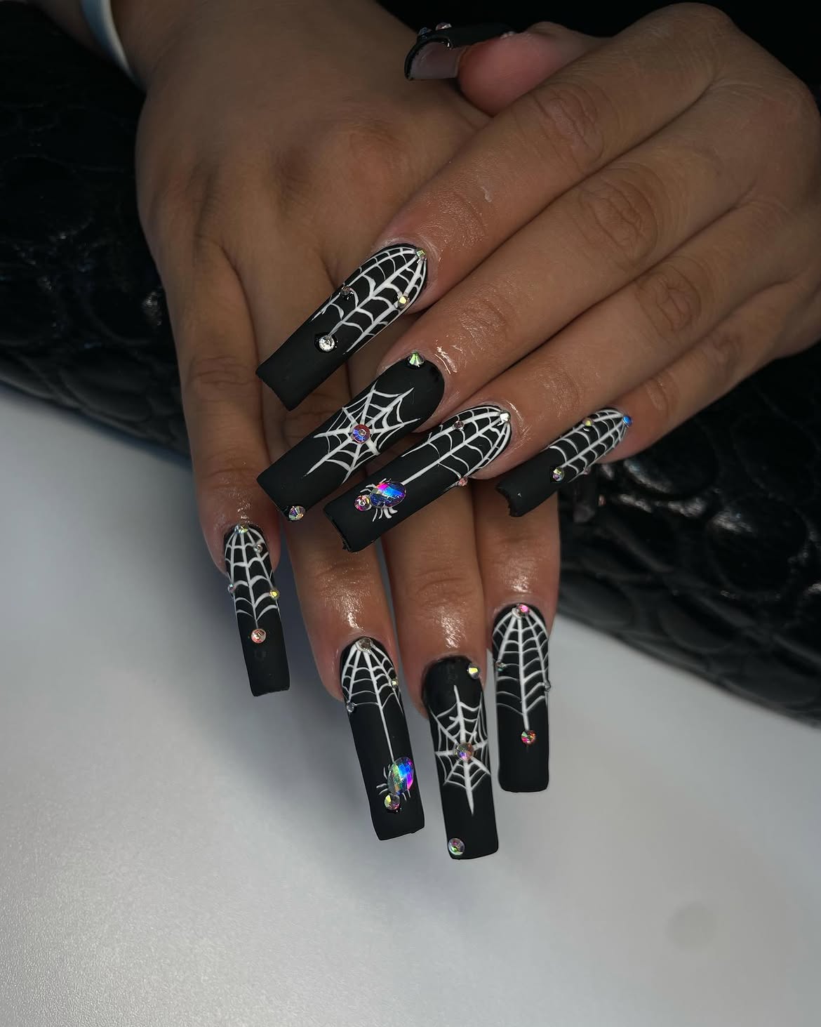 Matte Black Spiderweb Coffin Nails with Gems