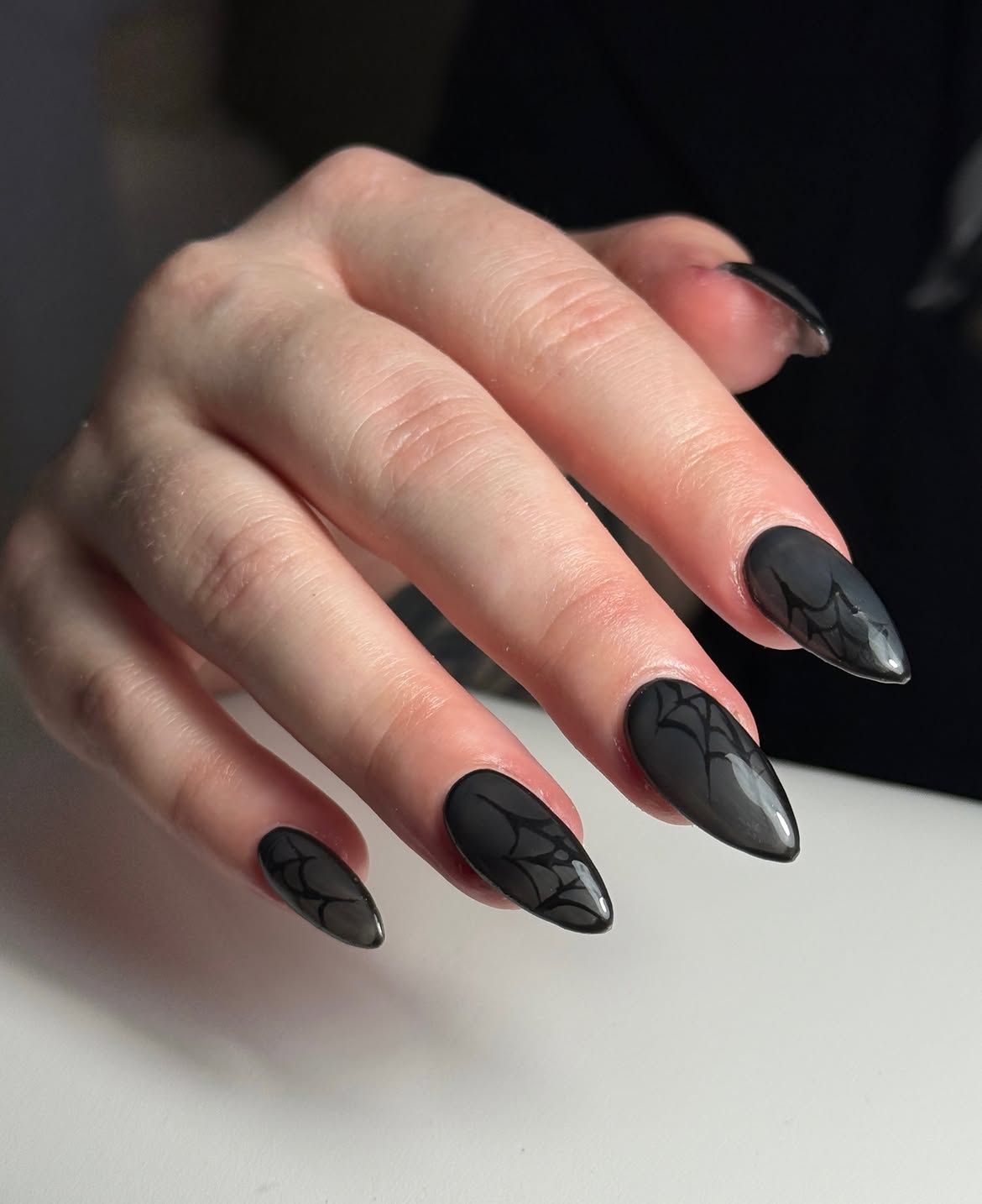 Matte Black Spiderweb Stiletto Halloween Nails