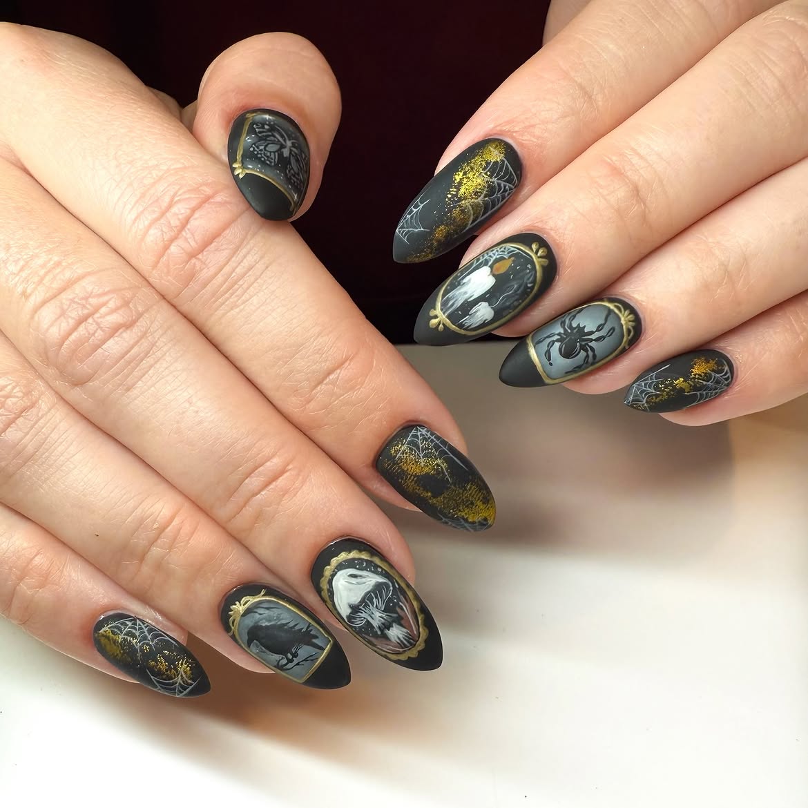 Matte Black Spooky Halloween Nail Art
