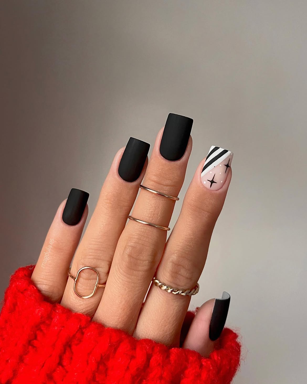 Matte Black Square Nails With Minimalist Star Art
