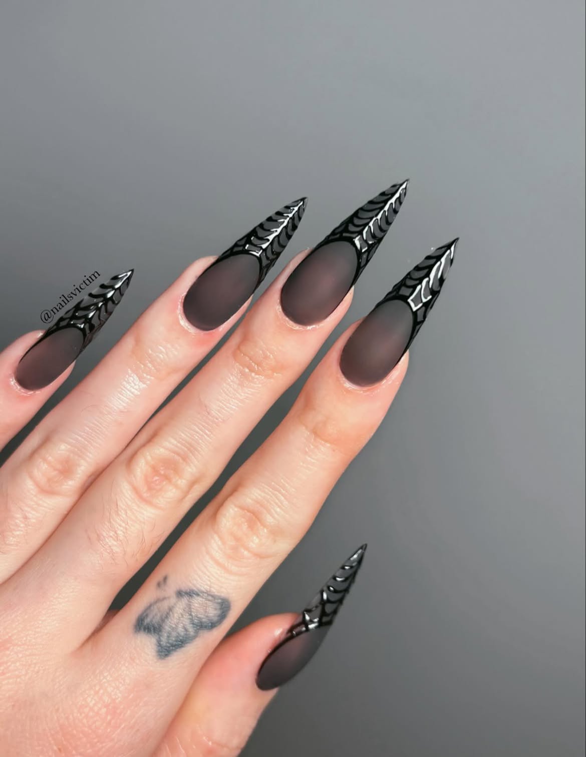 Matte Black Stiletto Spiderweb French Tip Nails