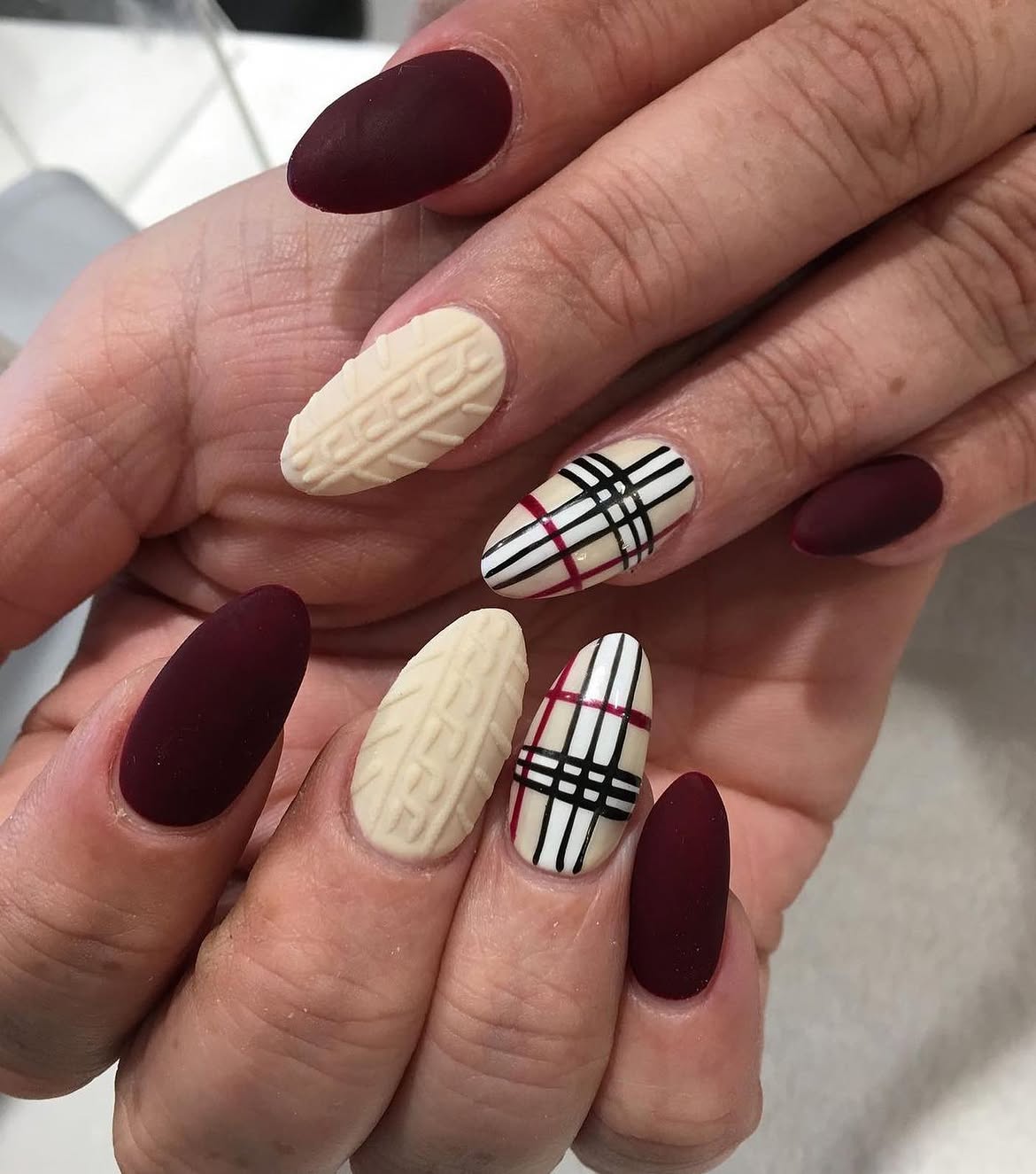 Matte Burgundy & Cable Knit Plaid Almond Nails