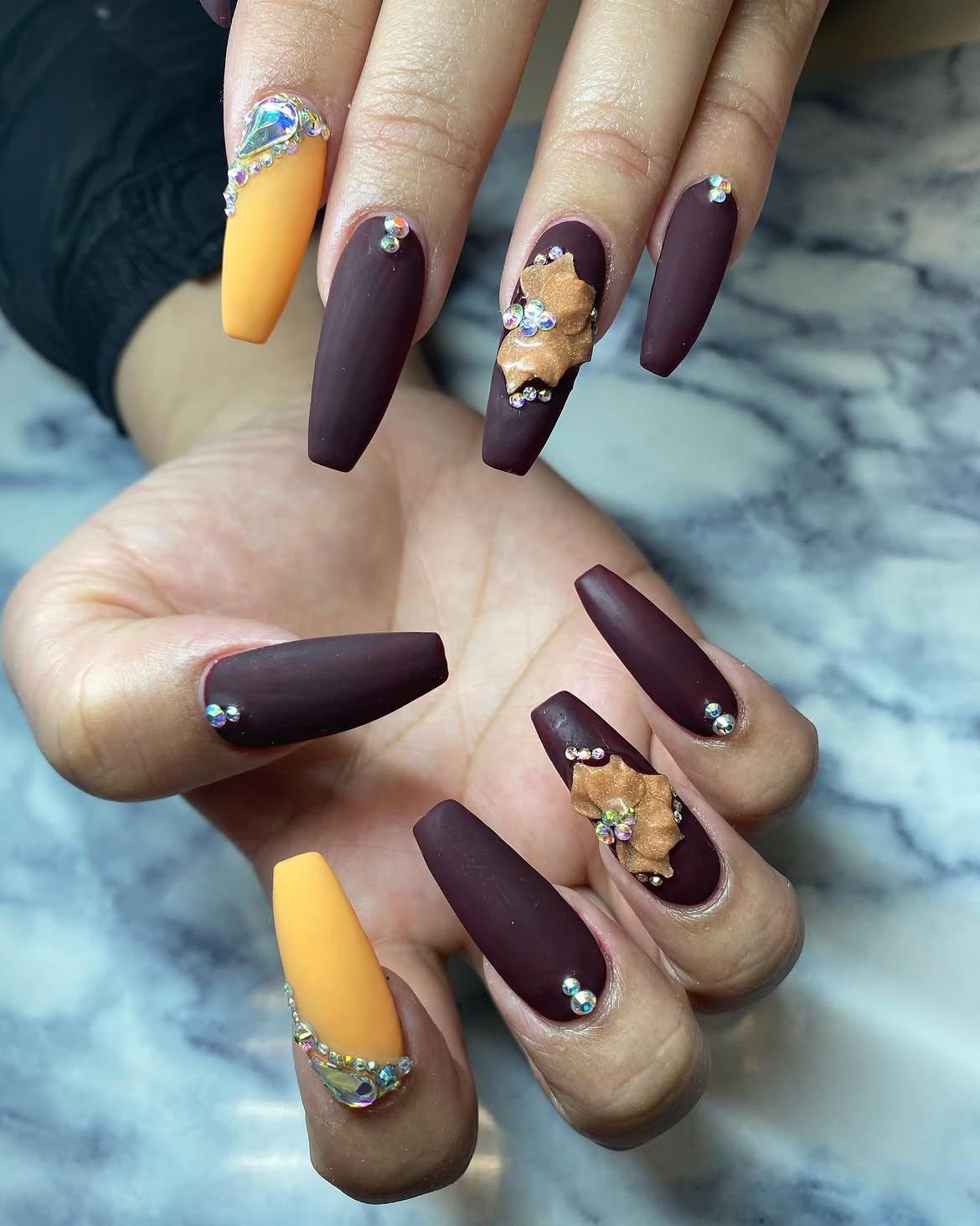 Matte Burgundy & Gold Fall Leaf Coffin Nails