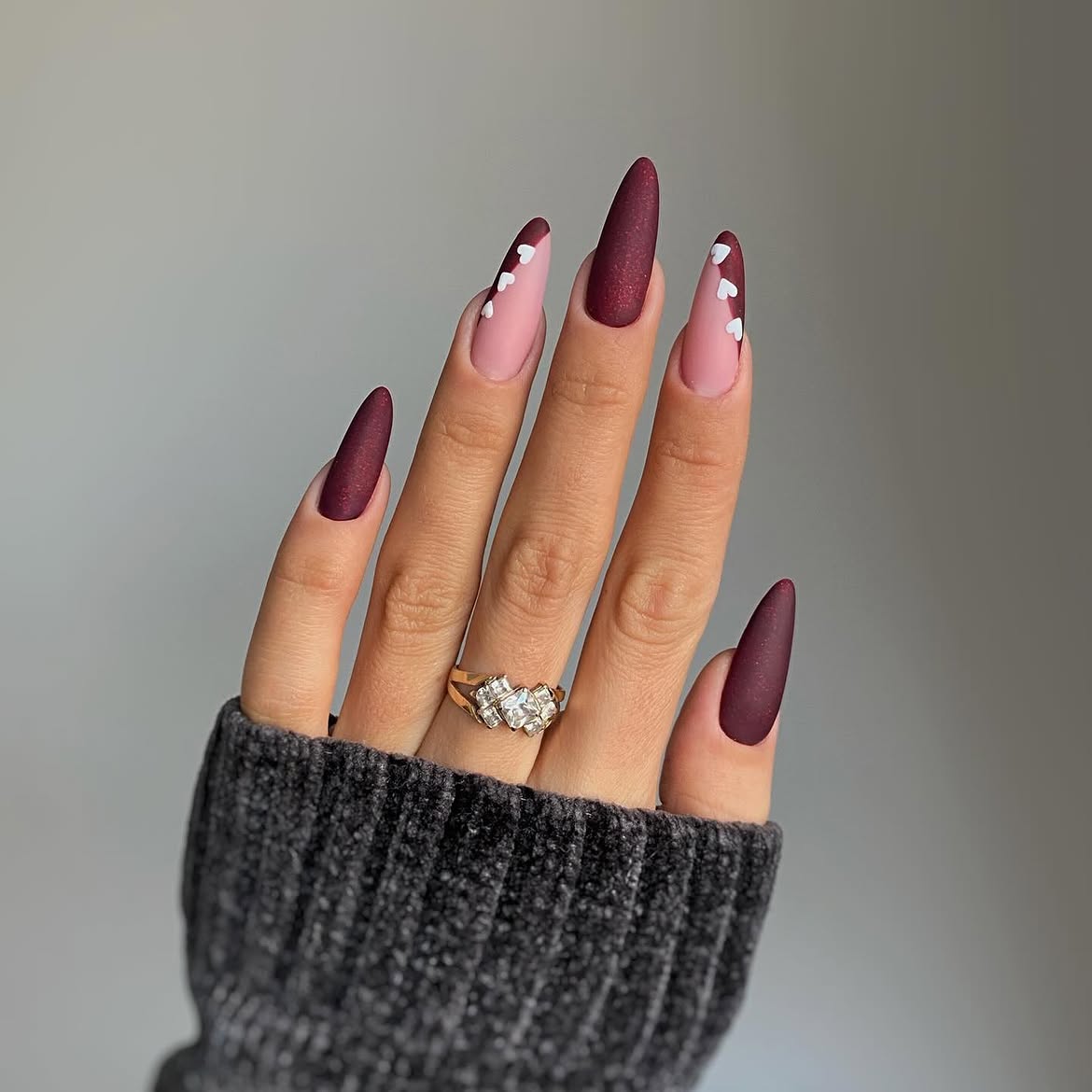 Matte Burgundy & Pink Heart Accent Stiletto Nails