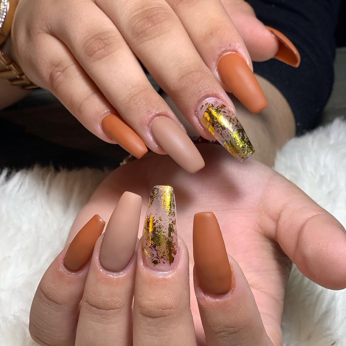 Matte Burnt Orange & Nude Coffin Nails with Gold Foil