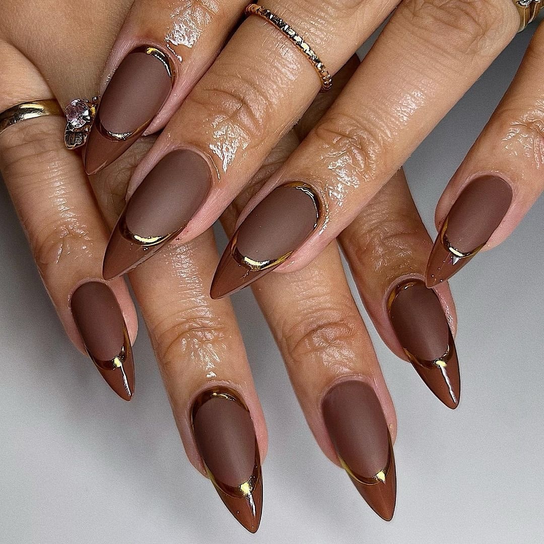 Matte Chocolate French Tip Stiletto Nails