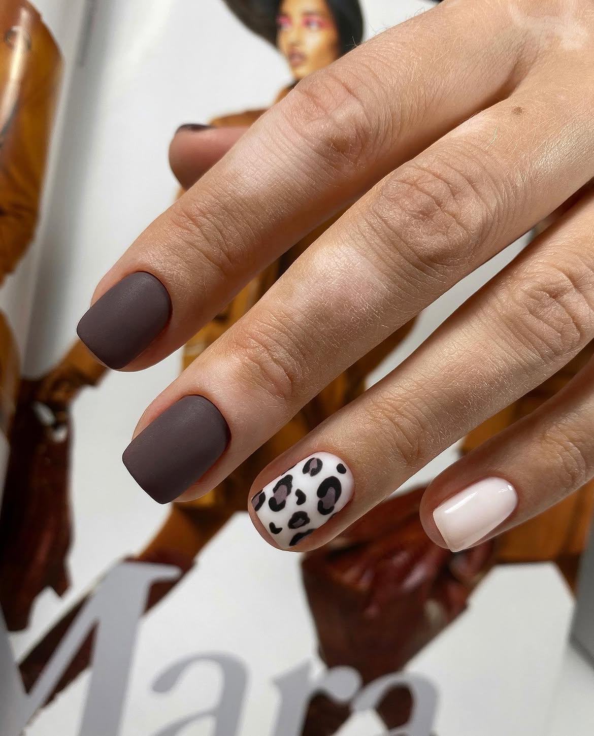 Matte Chocolate Leopard & Cream Accent Nails