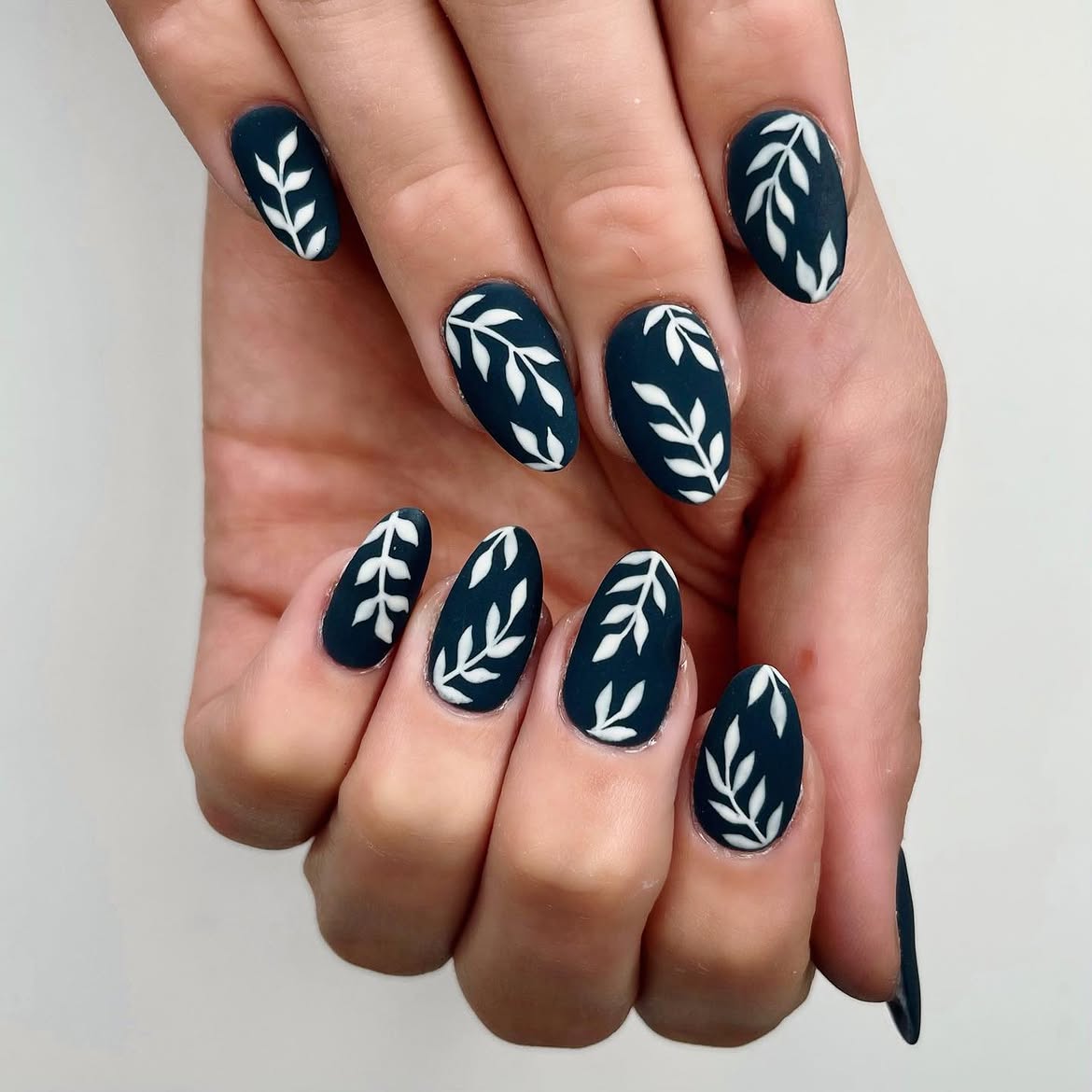 Matte Deep Teal Botanical Leaf Almond Nails