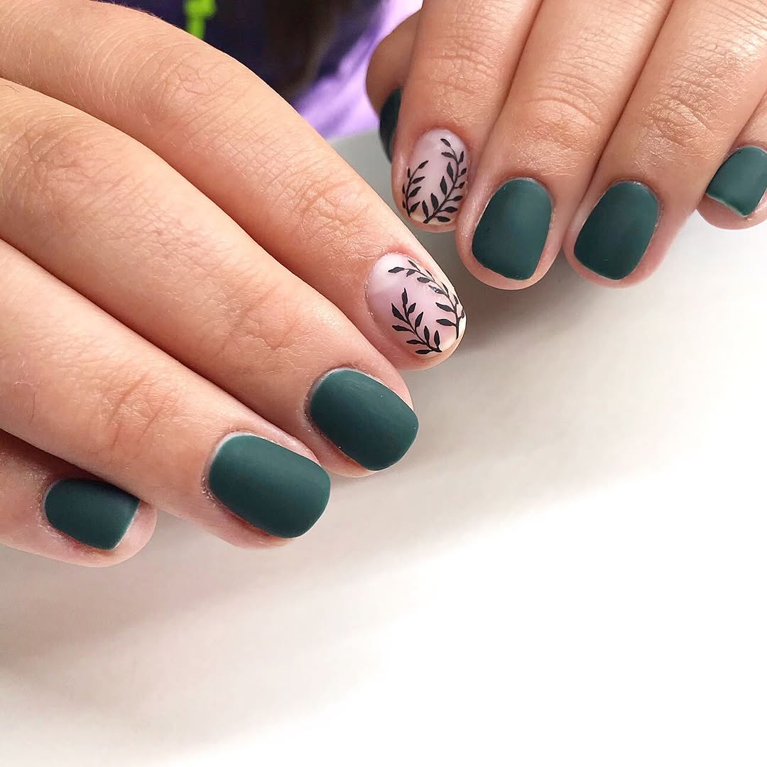 Matte Deep Teal French with Botanical Accents