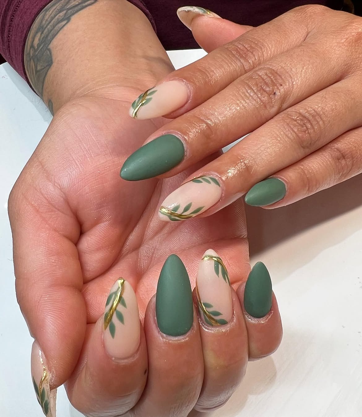 Matte Forest Green Leaf Accent Almond Nails