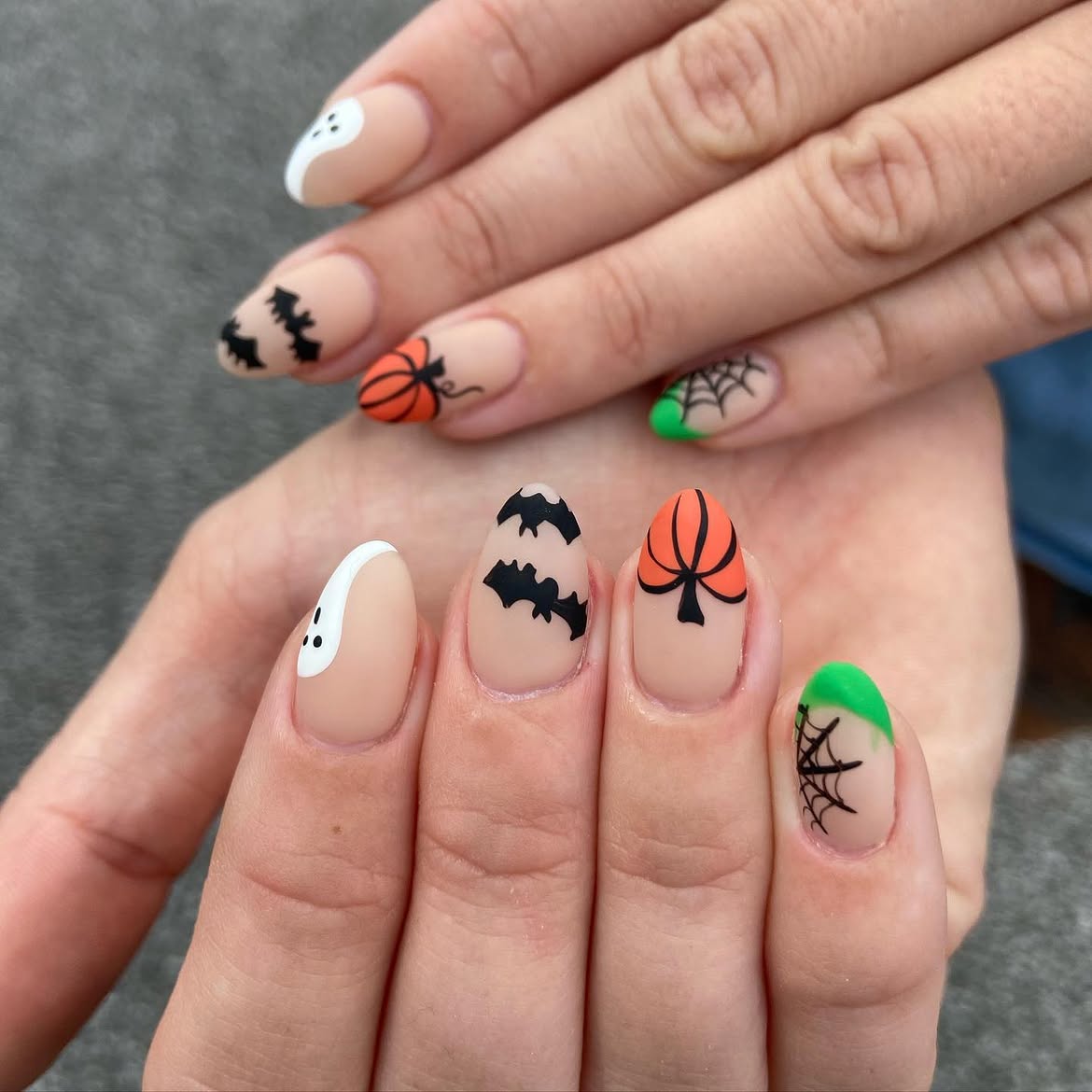Matte Halloween Nail Art With Ghosts, Bats, Pumpkins