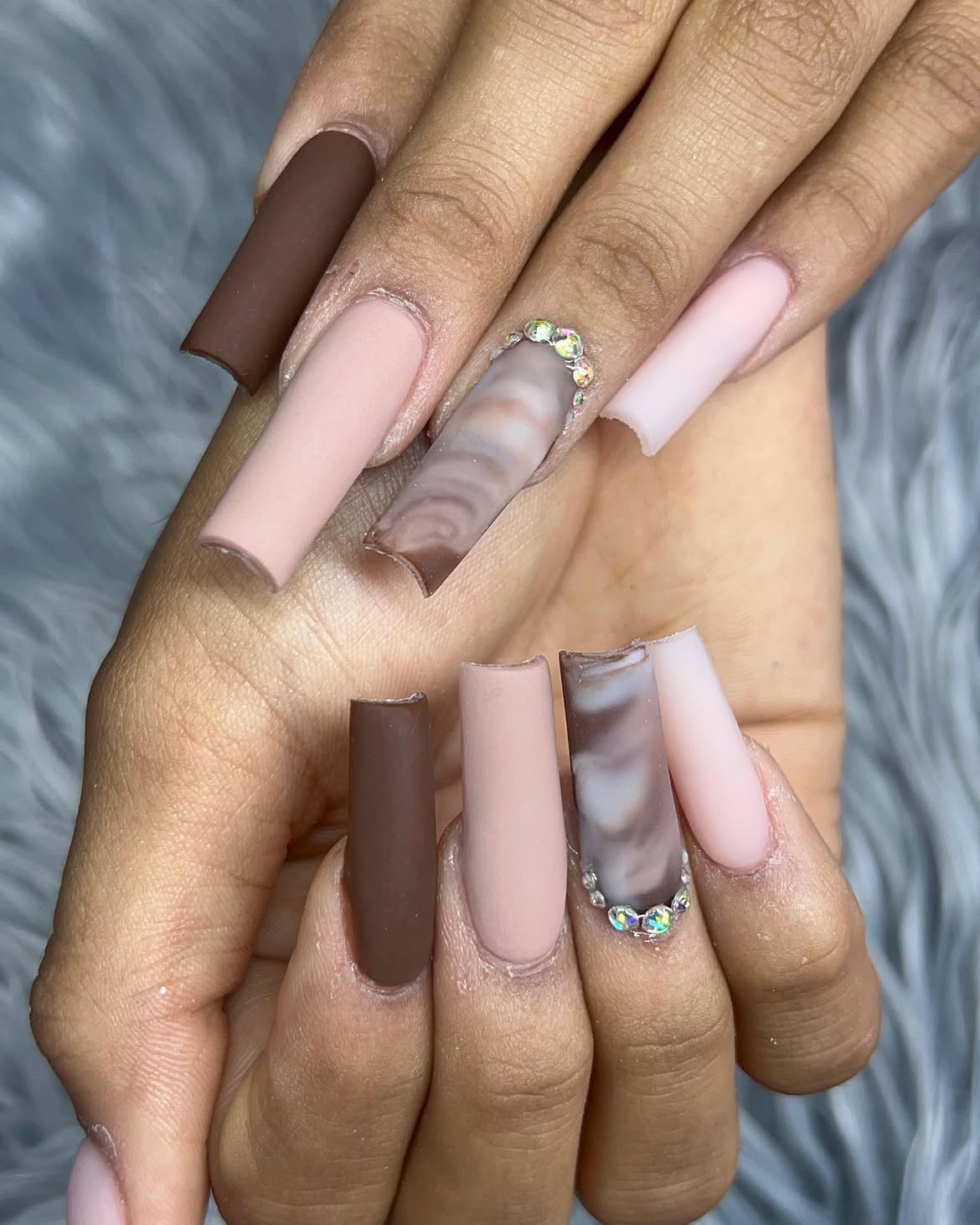 Matte Marble & Pink Nude Coffin Nails