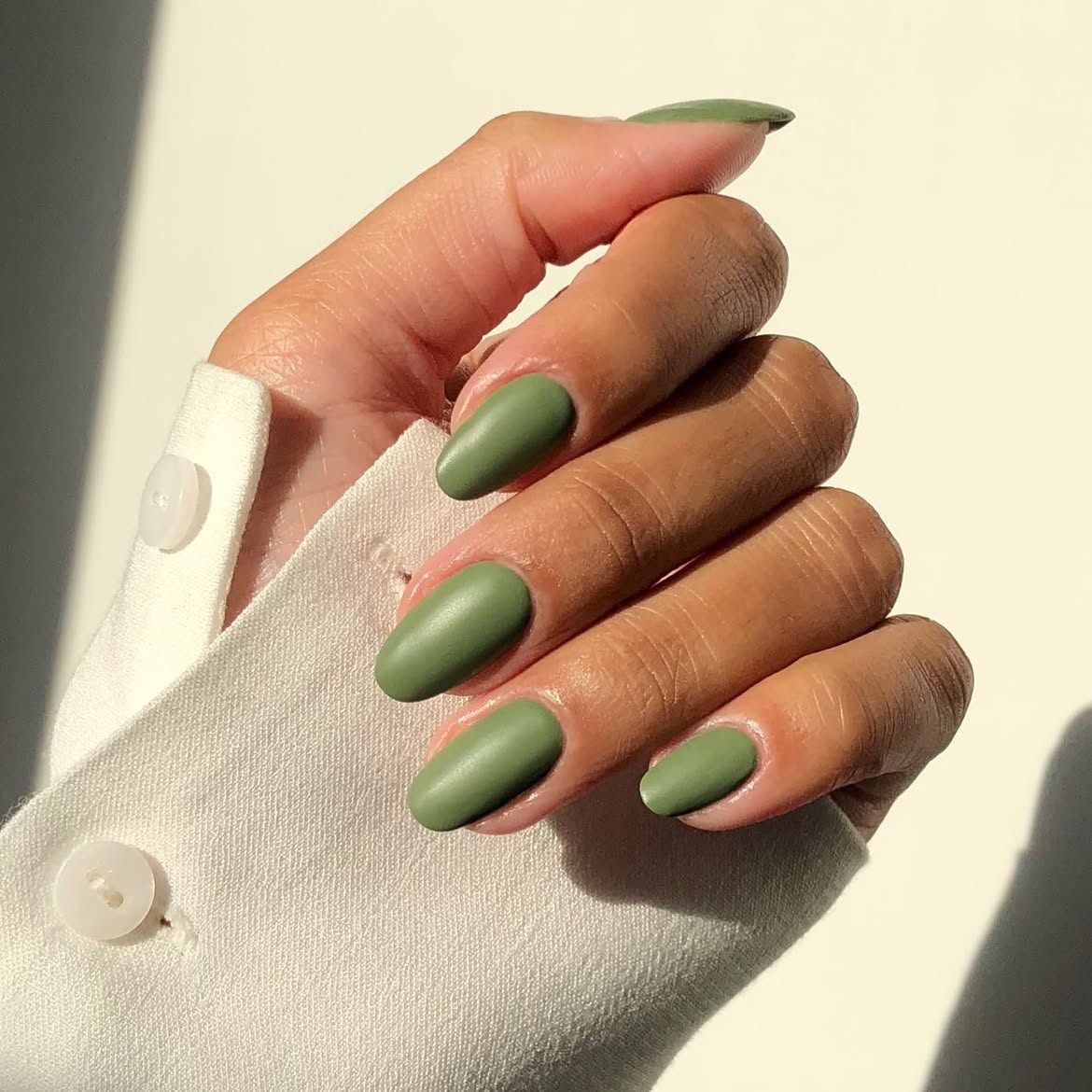 Matte Olive Green Almond Shaped Nails