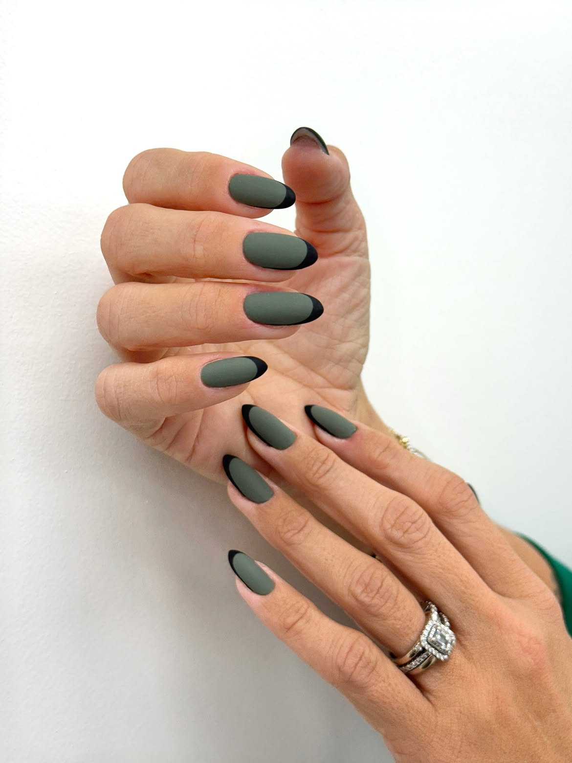 Matte Olive Green French Tip Almond Nails