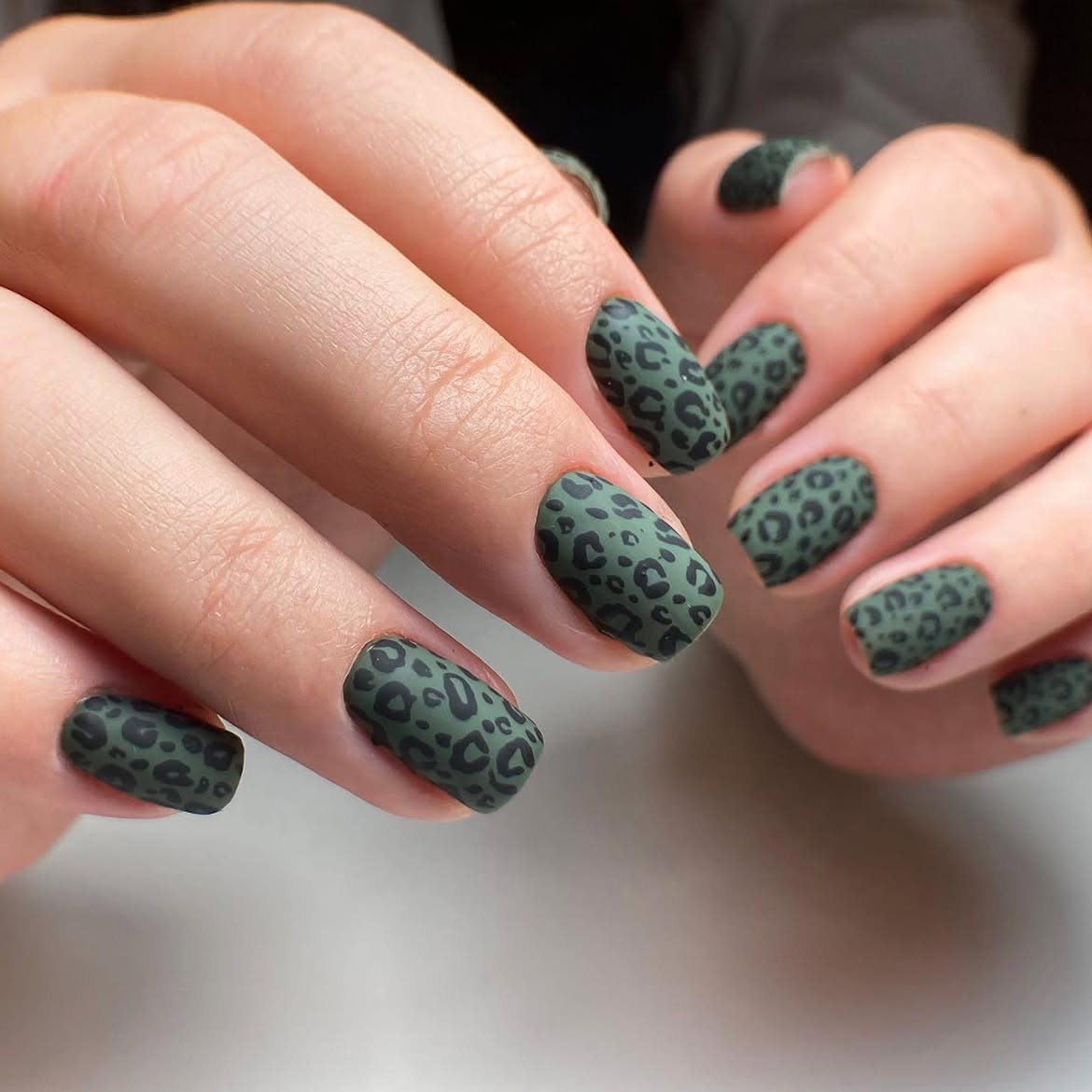 Matte Olive Leopard Print Square Nails