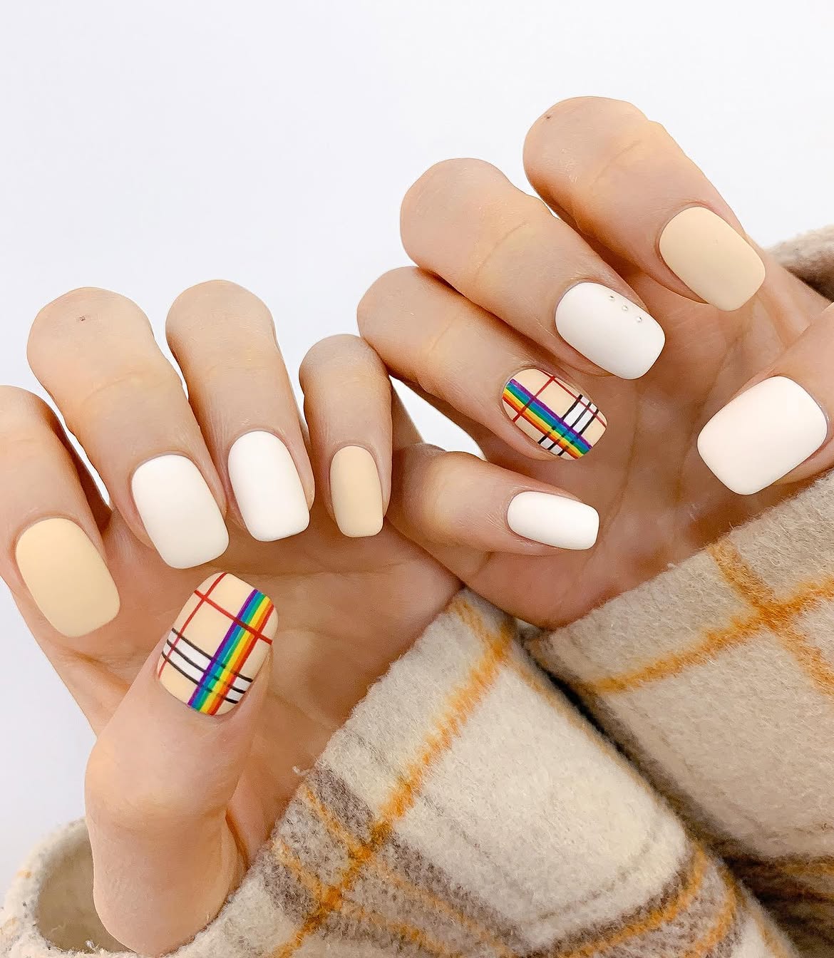 Matte Pastel Plaid Rainbow Accent Nails
