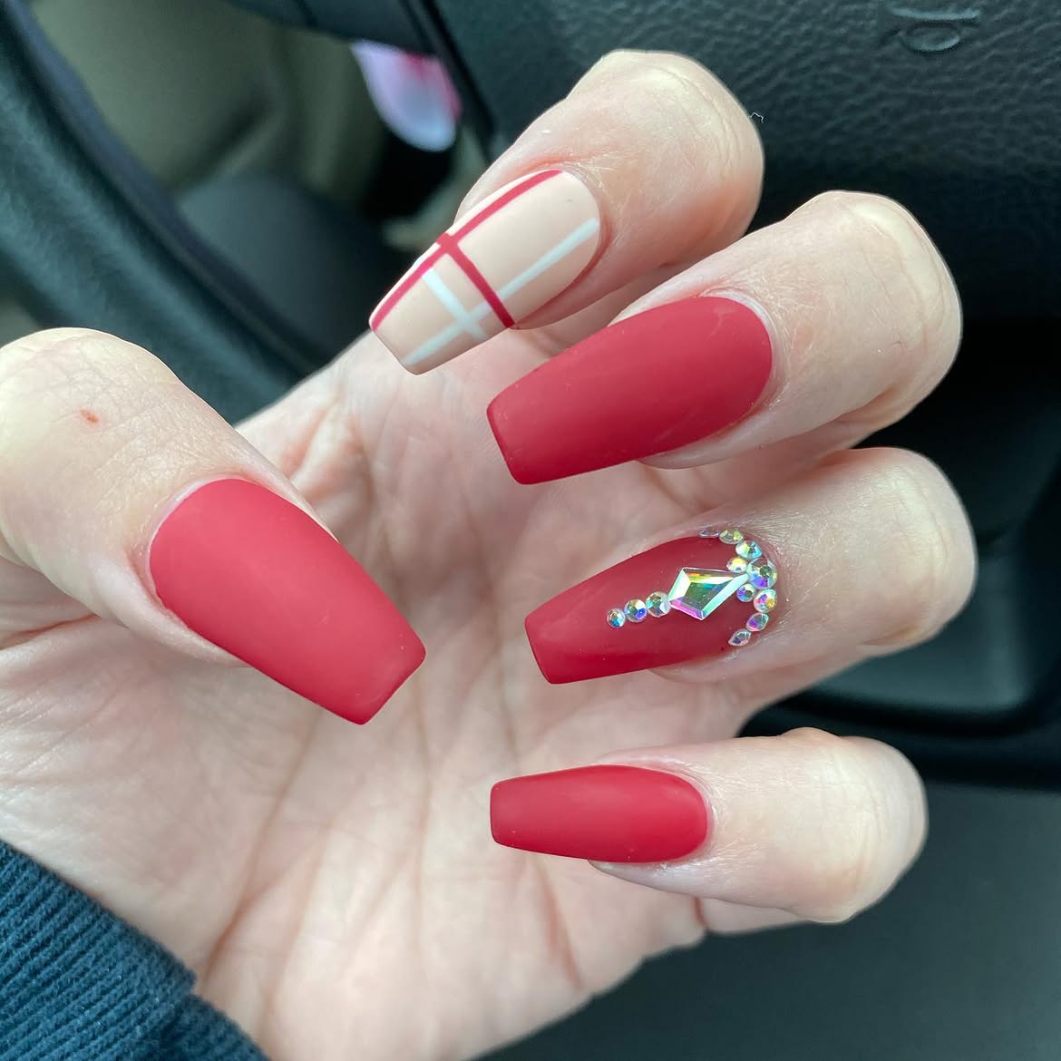 Matte Red Plaid Coffin Nails with Rhinestone Accent