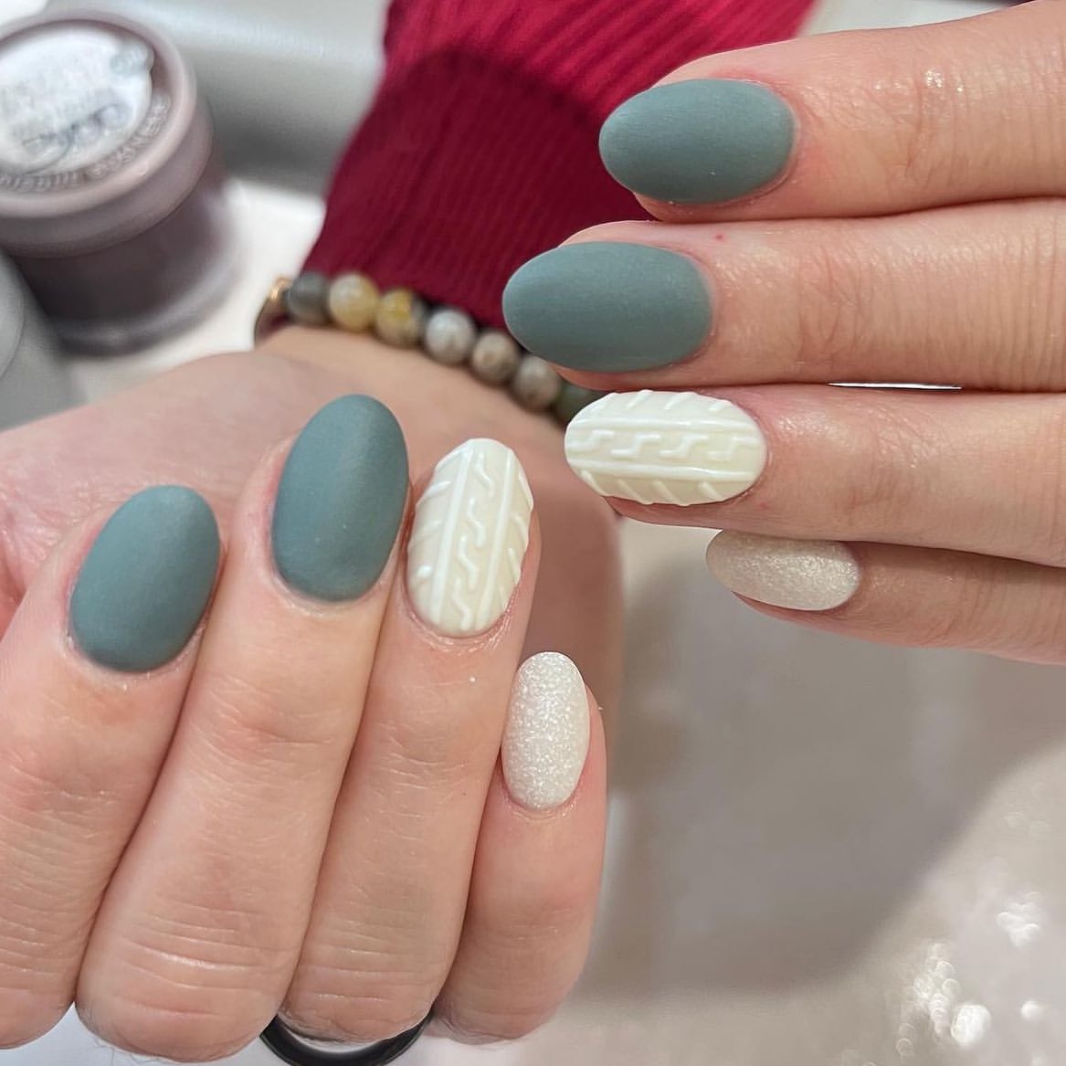 Matte Teal & Cable Knit Sweater Nails