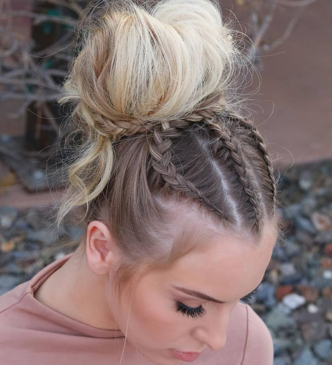 Messy Top Knot With Dutch Braided Roots