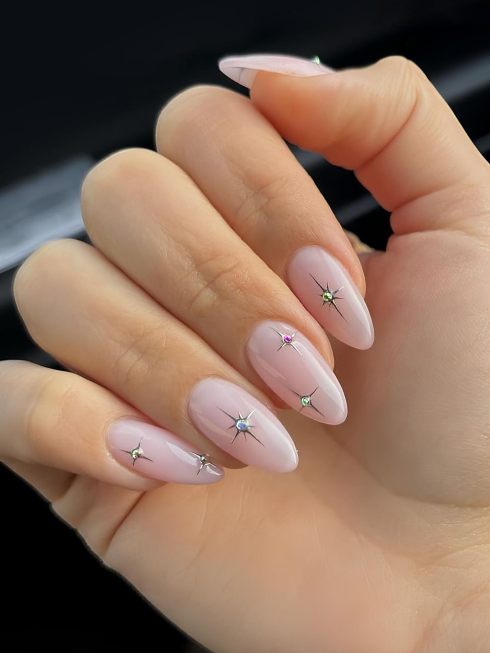 Milky Pink Aura Starburst Gem Nails