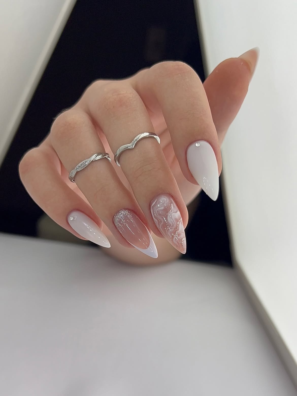 Milky White Stiletto French with Marble Accent