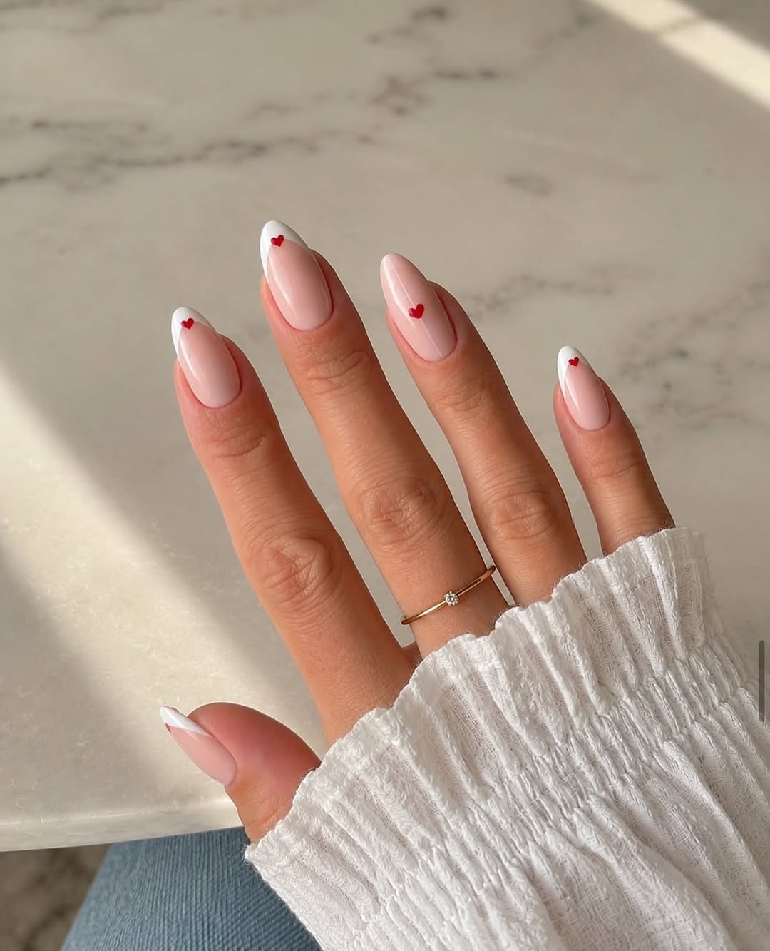 Modern French Tips with Red Heart Accents