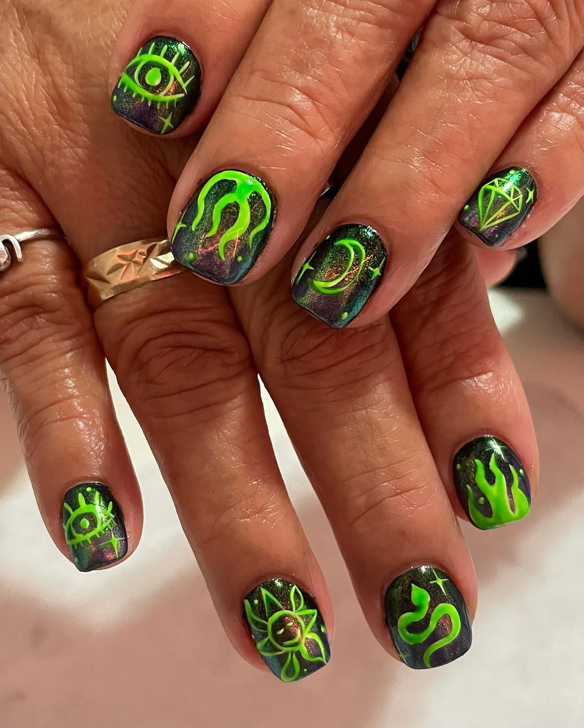 Mystical Neon Halloween Short Nail Art