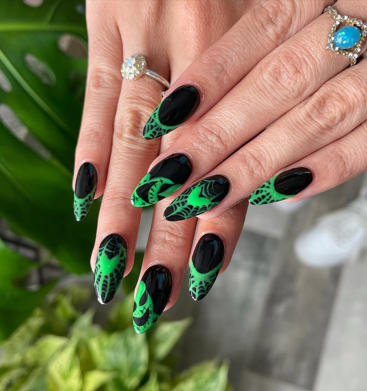 Neon Green Black Spiderweb Halloween Almond Nails