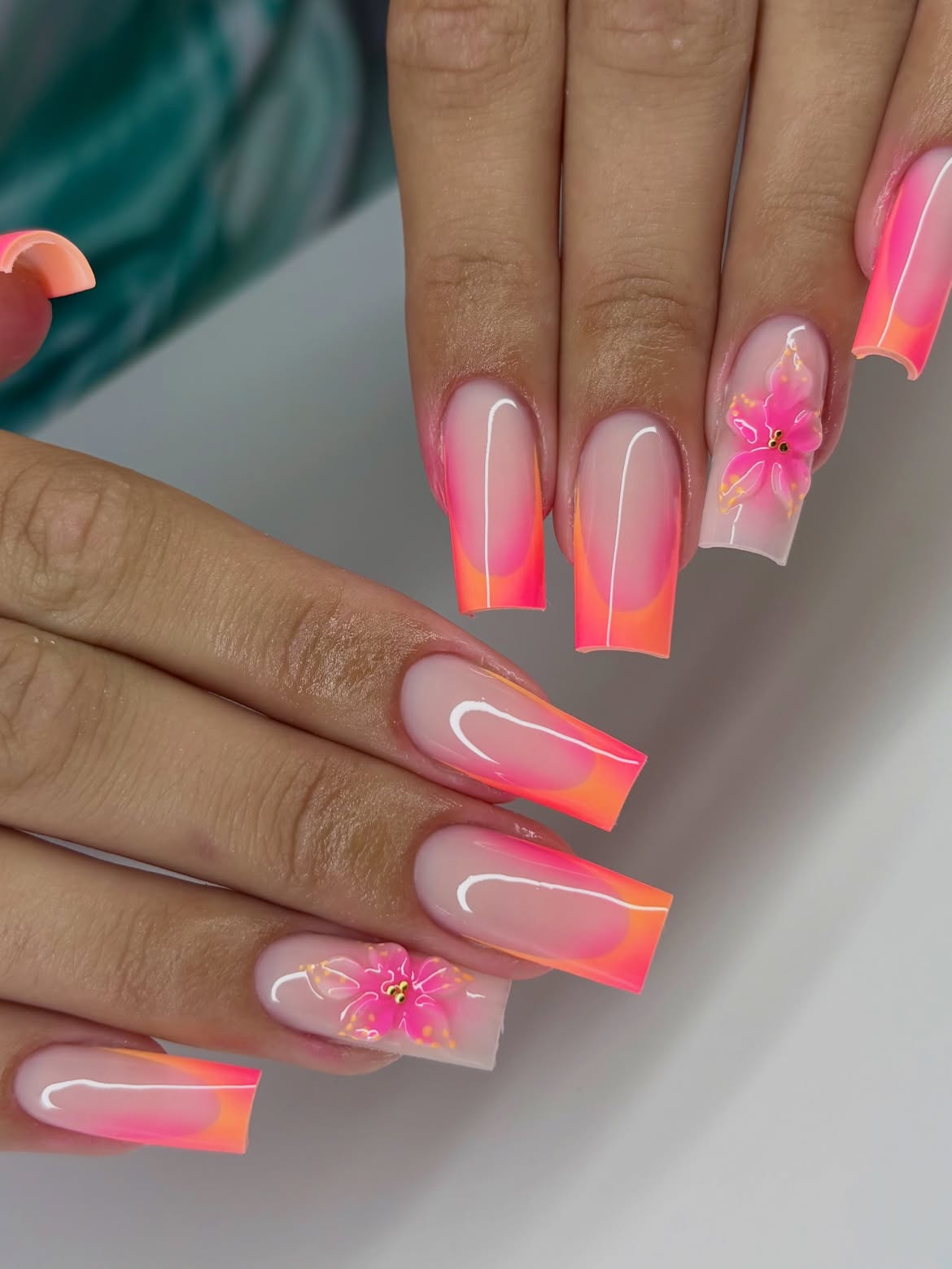 Neon Ombre French Tip Coffin Nails with 3D Flower Accent