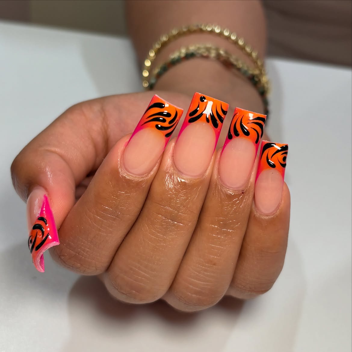 Neon Orange Tiger Print French Square Nails