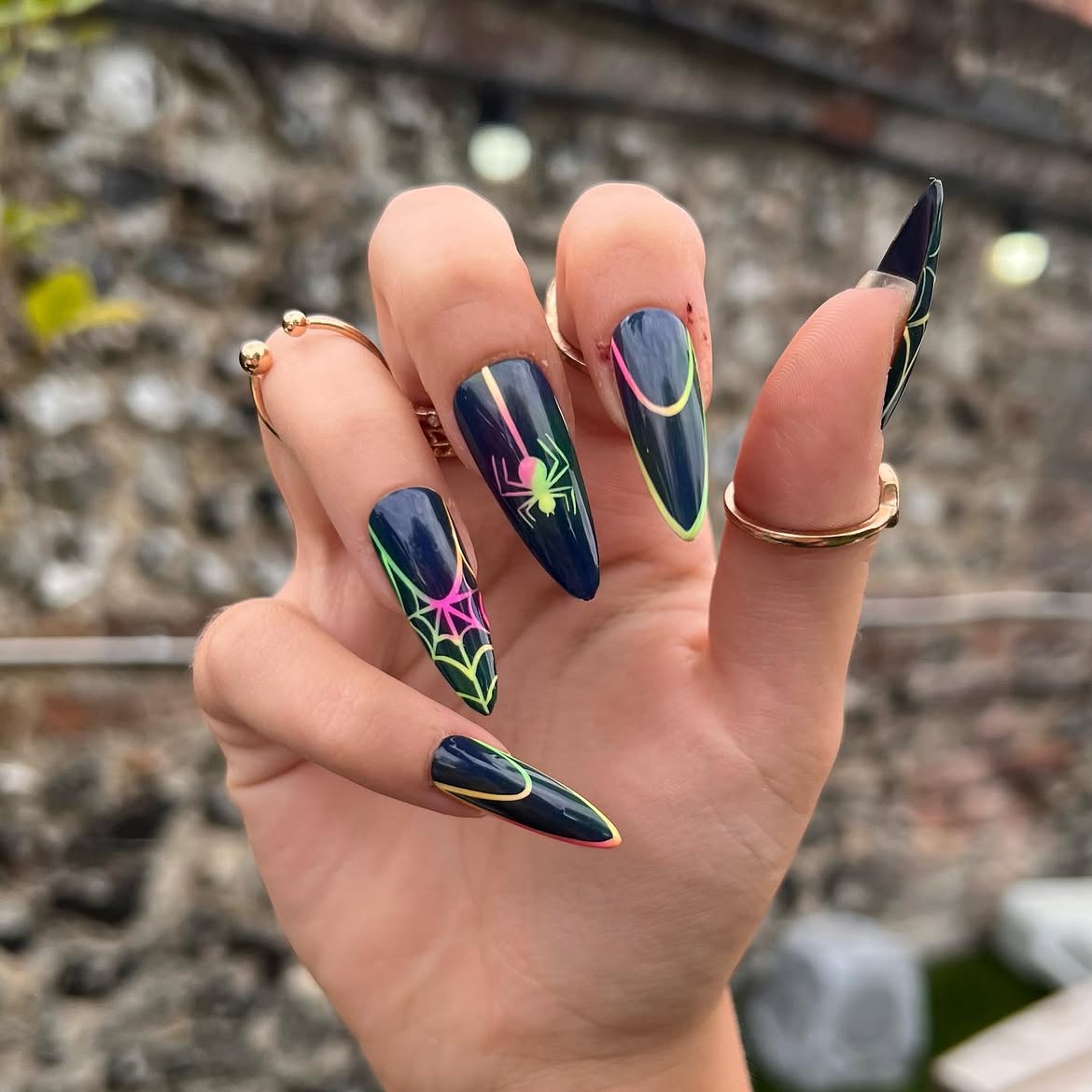 Neon Spiderweb and Spider Coffin Nails