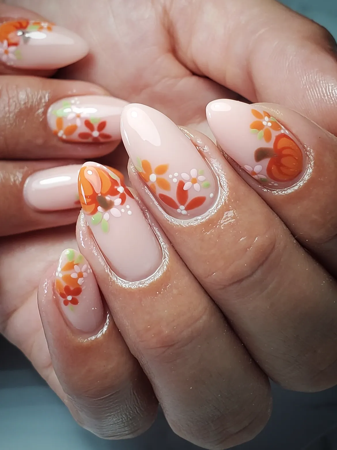 Nude Pumpkin Floral Almond Nails
