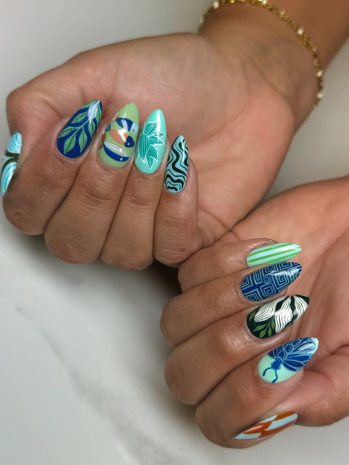 Oceanic Aquatic Life Almond Nail Art
