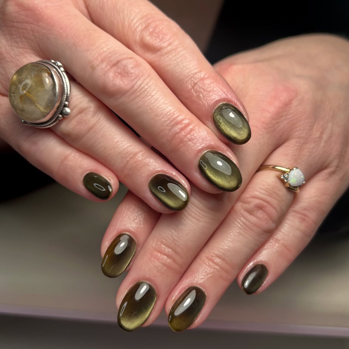 Olive Green Cat Eye Oval Nails