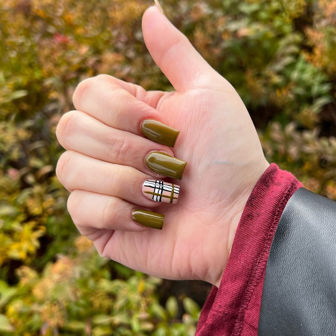 Olive Green Square Nails With Plaid Accent