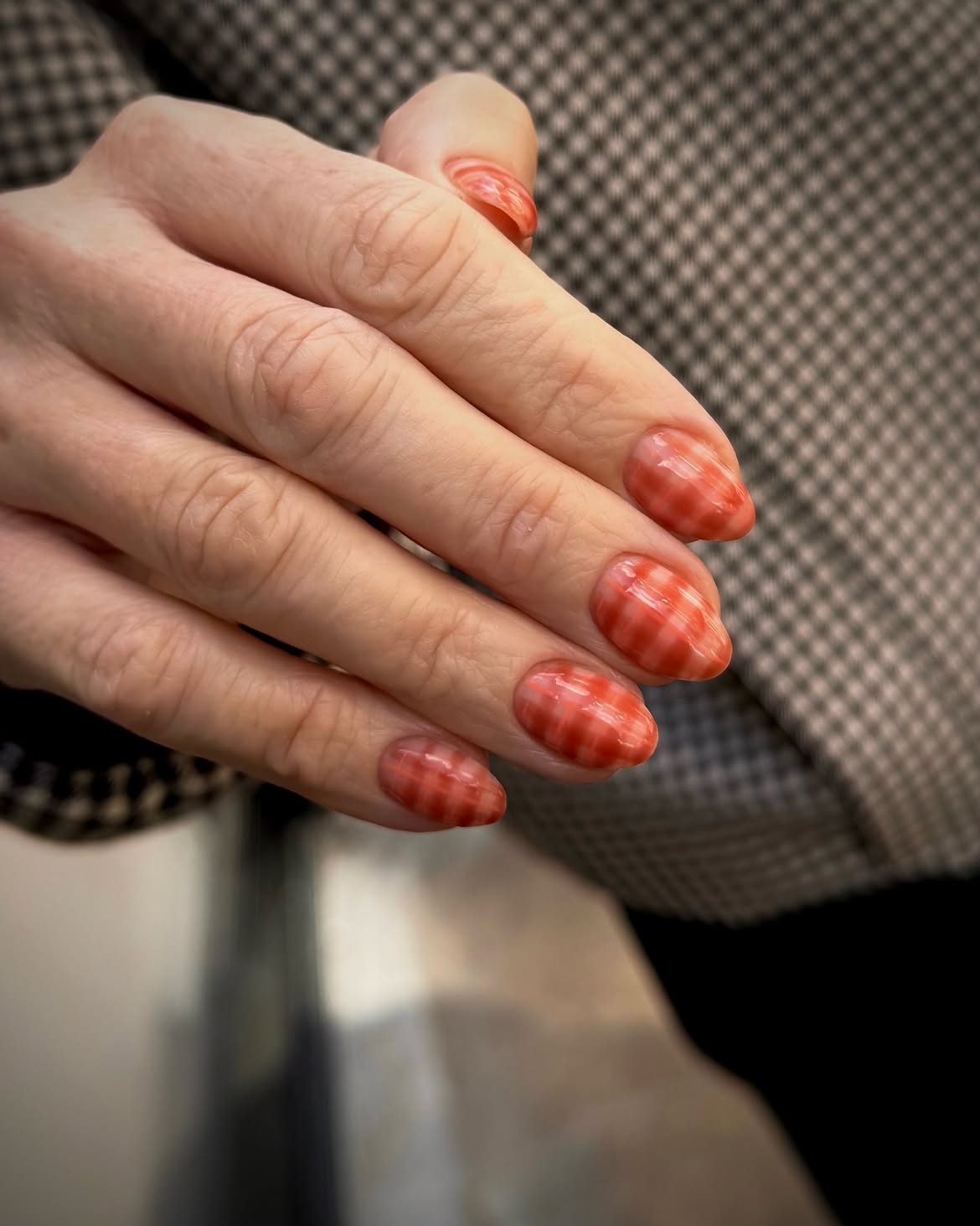 Orange and White Gingham Oval Nails