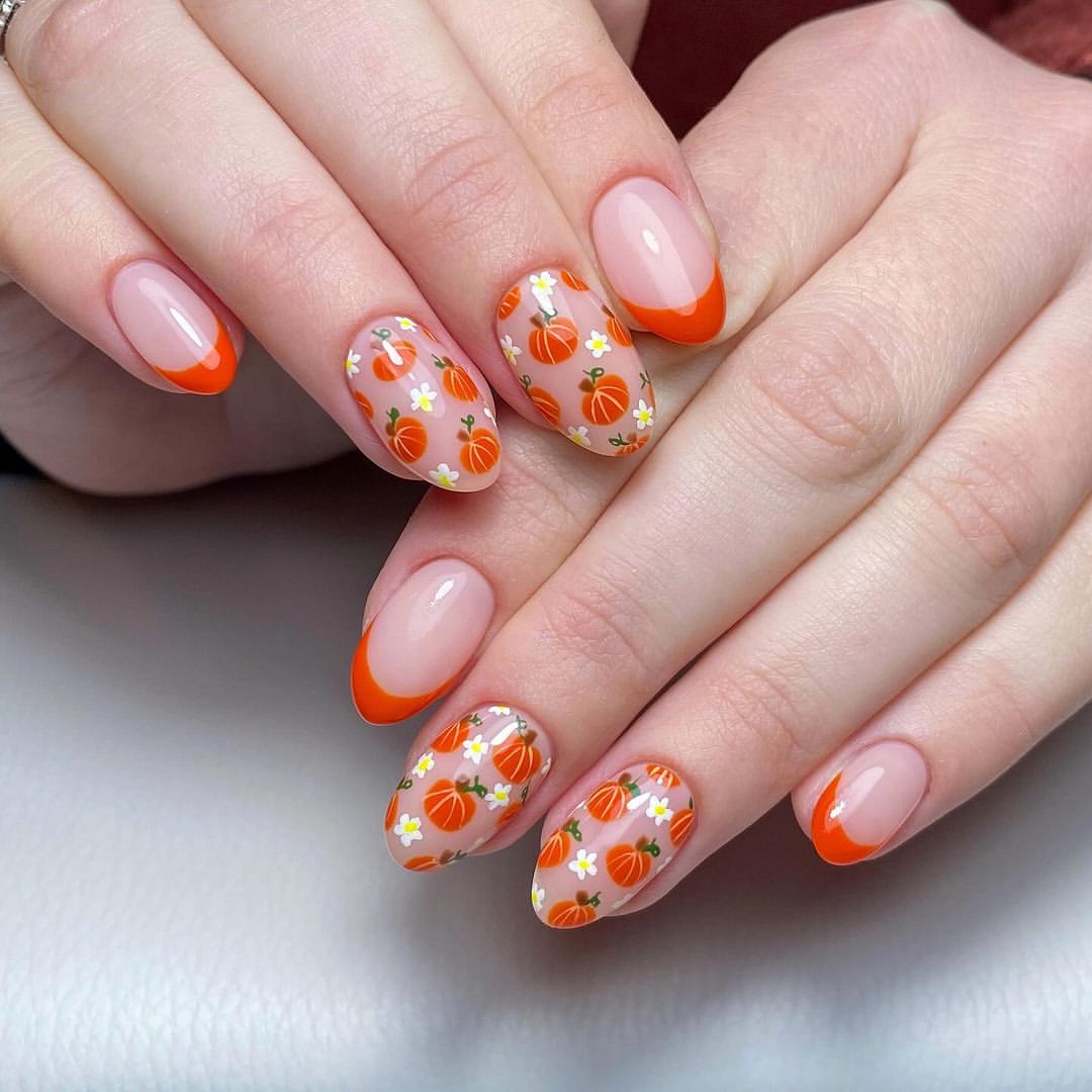 Orange Pumpkin French Tip Oval Nails