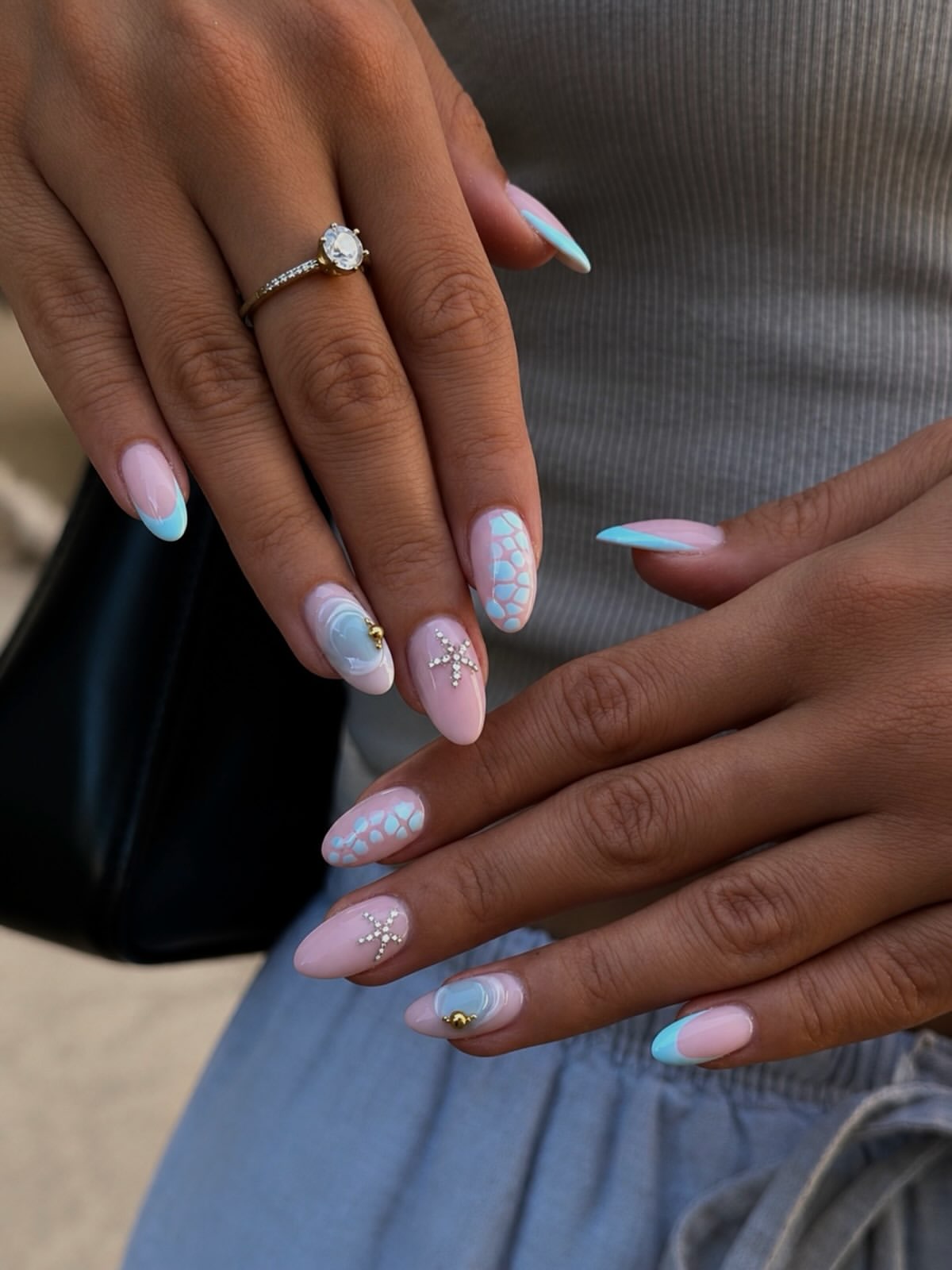 Pastel Blue Nautical Charm Almond Nails