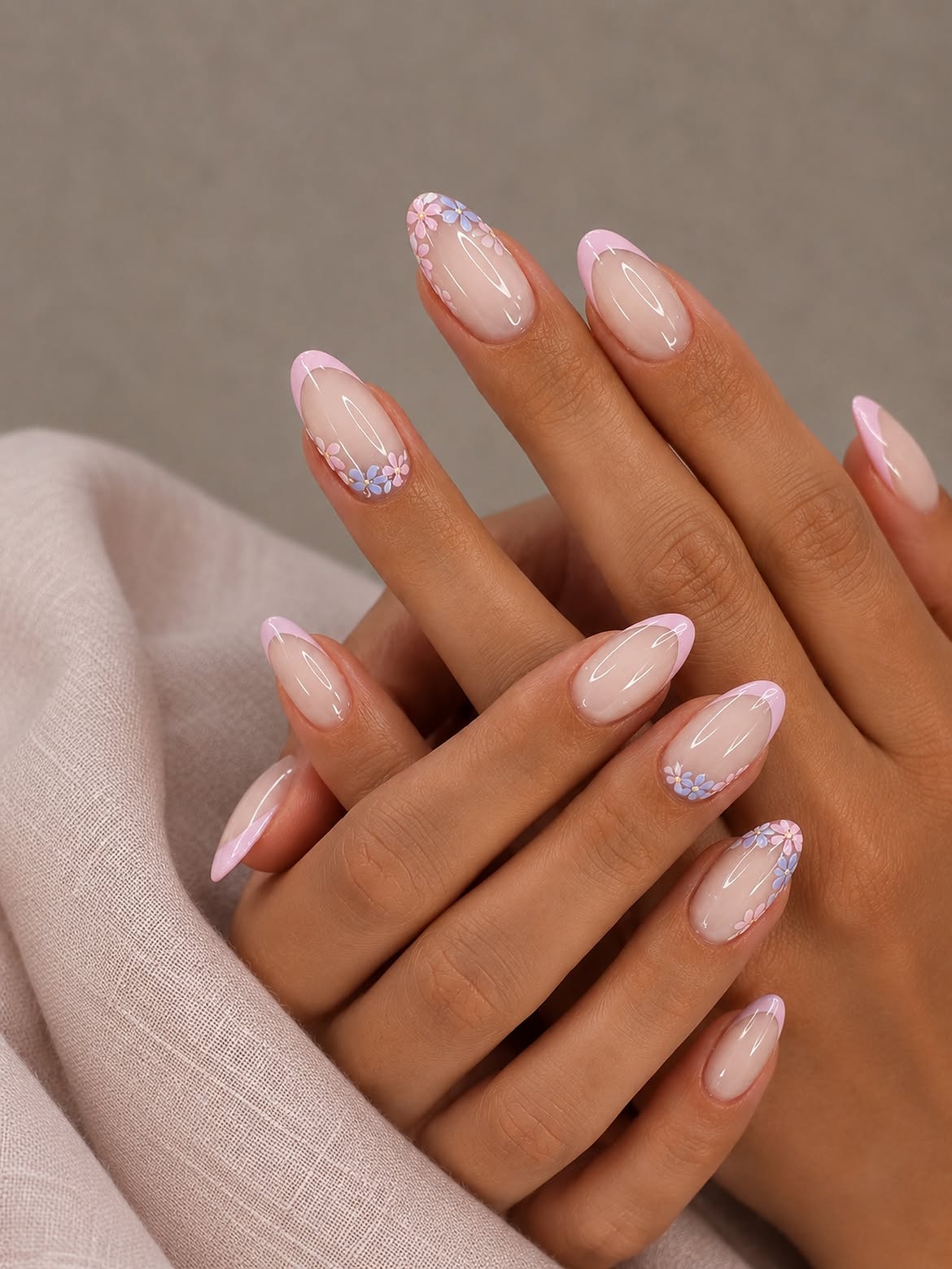 Pastel Floral French Almond Nails