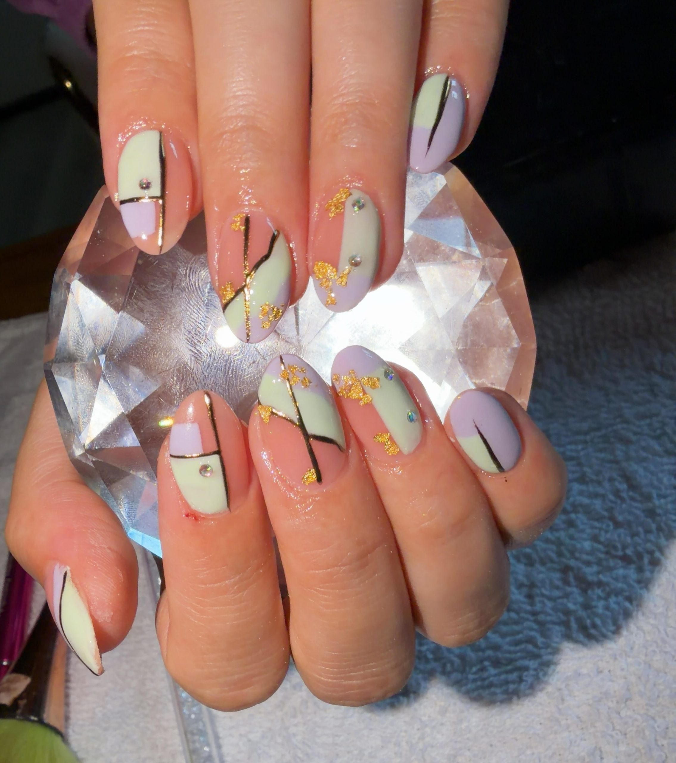 Pastel Geometric Abstract Nails With Gold Foil Details