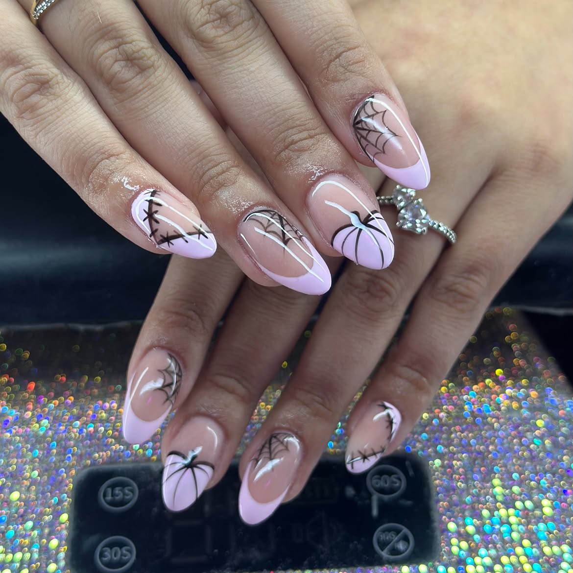 Pastel Halloween French Tips with Spiderweb and Pumpkin Art