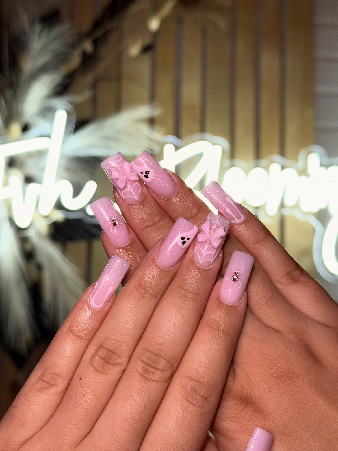 Pastel Pink Halloween Ghost & Spiderweb Nails