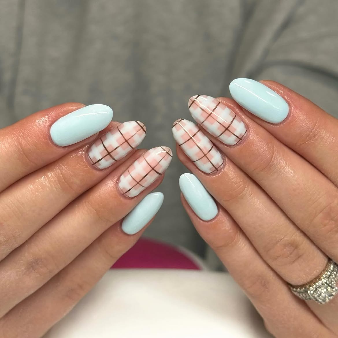Pastel Plaid Almond Aura Nails