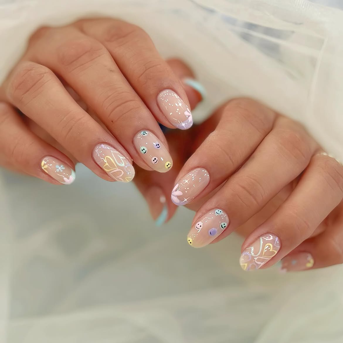 Pastel Smiley Face And Heart Aura Nails
