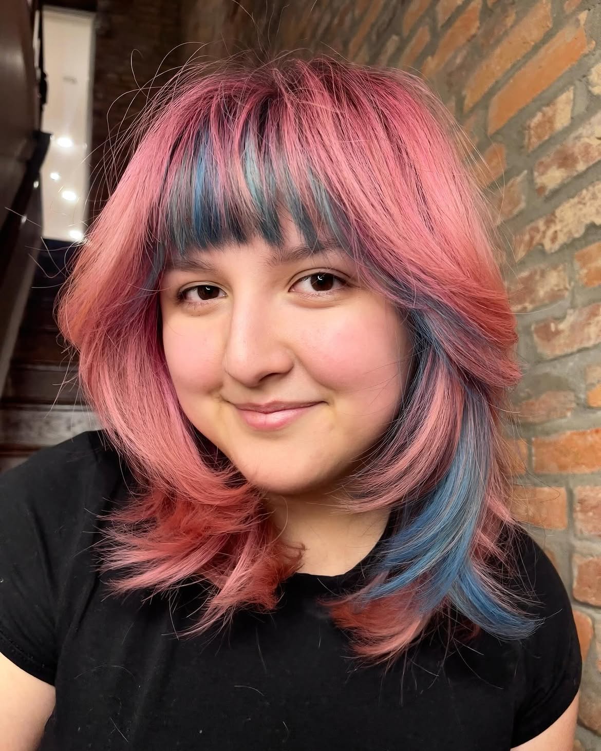 Pink And Blue Layered Shag With Wispy Bangs