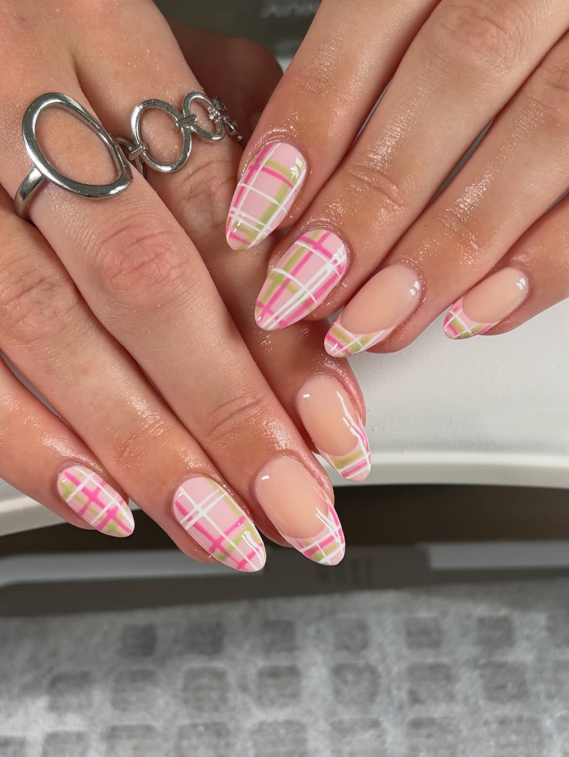 Pink and Green Plaid French Almond Nails