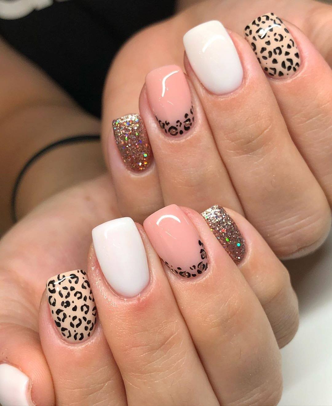 Pink and White Leopard Glitter Accent Nails